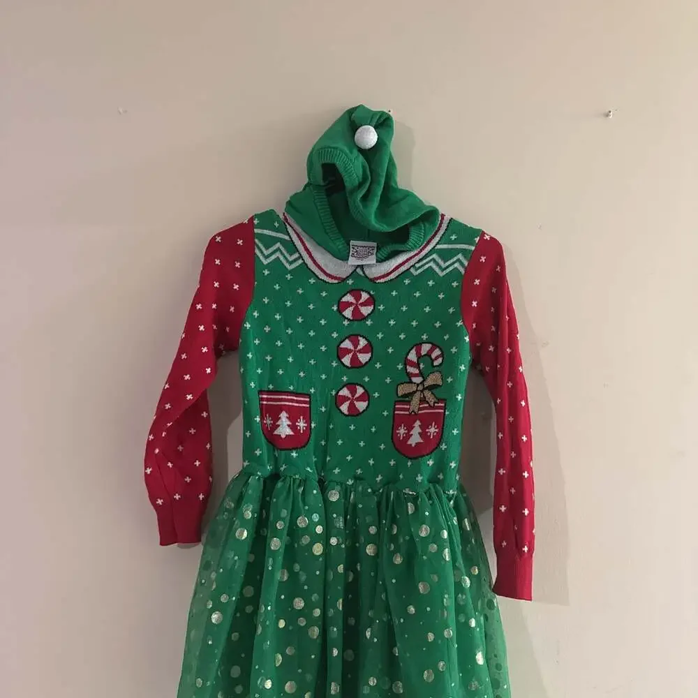 Girls' Holiday Elf Hoodie Dress with Tulle Skirt, Size M Christmas Green & Red